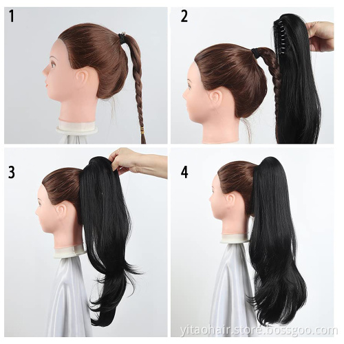 Long Wavy Black Ponytail Claw Hair 24 Inch Long Wave Ponytail hair Extension Synthetic Wrap Around Drawstring Hair with 1Clips